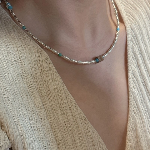 Vintage 925 Sterlingsilber Türkis Perlenkette Für Damen Koreanischer Stil Nischendesign Holz Quadrat Charm Beaded Schlüsselbeinkette