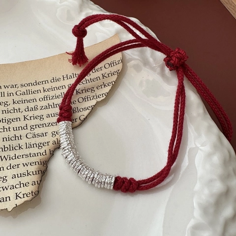 S925 Sterlingsilber Neujahr Rotes Seil Armband Damen Vintage Ethno Handgewebt Hammerschlag Verstellbar Schmuck
