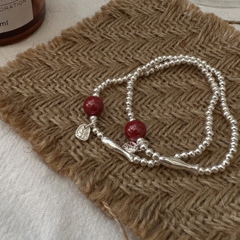 Bracciale di Perle in Argento Sterling 925 e Cinabro per Donna Stile Vintage Cinese Pesce Carattere Fu Benedizione Gioielli