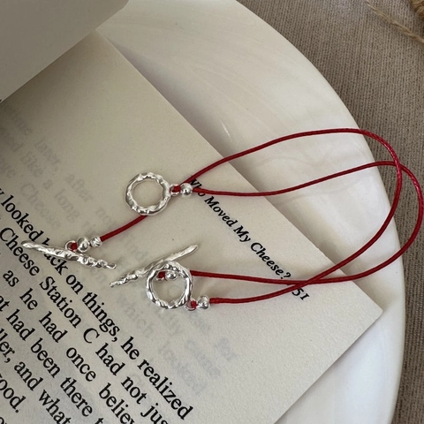 925 Sterling Silver Hammered Texture OT Buckle Red Rope Bracelet Minimalist Korean Style Lucky Jewelry For Women New Year Gift