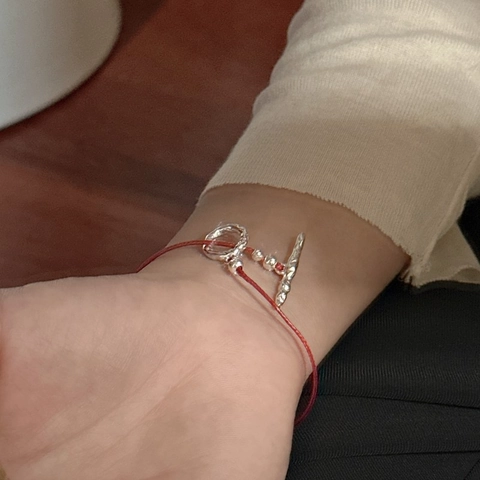 925 Sterling Silver Hammered Texture OT Buckle Red Rope Bracelet Minimalist Korean Style Lucky Jewelry For Women New Year Gift