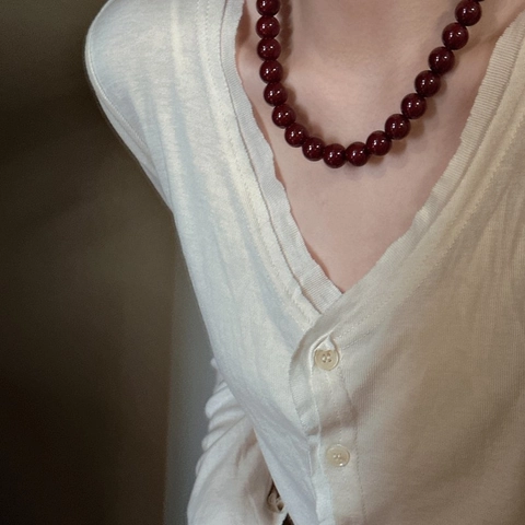 Collana di Perle Artificiali Rosse in Argento Sterling S925 per Donna Catena a Clavicola Rotonda Geometrica Minimalista Gioielli