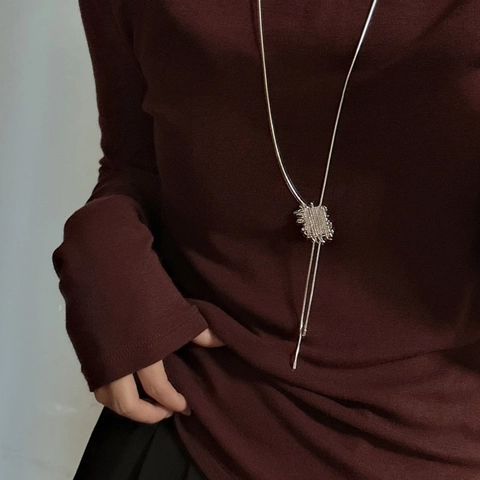 Collar de Cadena de Suéter Largo de Plata de Ley 925 para Mujer Colgante Cuadrado Tejido Minimalista Joyería