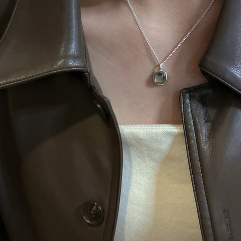 S925 Sterling Silver Labradorite Square Pendant Necklace For Women Vintage Minimalist Geometric Clavicle Chain Jewelry Gift