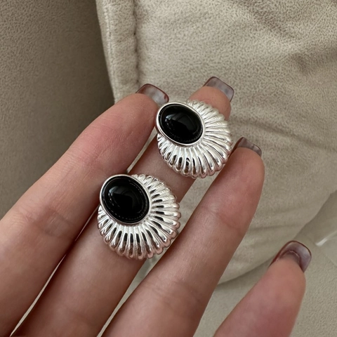 925 Sterlingsilber Schwarzer Achat Ohrstecker Französisches Vintage Radialmuster Geometrische Einfache Mode Damen Schmuck Geschenk