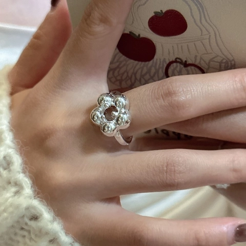 Anillo de Flor de Diseño de Nicho Coreano de Plata de Ley S925 para Mujer Minimalista Estilo Ins Textura Vintage Apertura Ajustable Anillo de Dedo de Flor Joyería Regalo