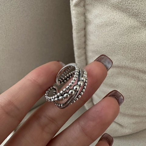 S925 Sterling Silver Minimalist Multilayer Bead Open Adjustable Ring For Women Retro Geometric Korean Fashion Finger Jewelry