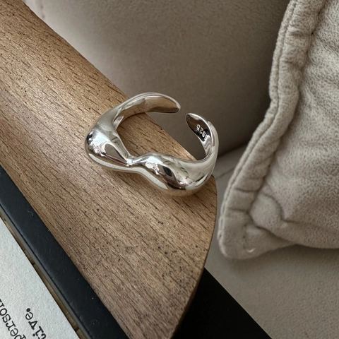 925 Sterling Silver Wavy Irregular Ring For Women Retro Minimalist Niche Design Liquid Metal Adjustable Finger Ring Jewelry