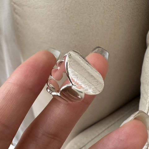 925 Sterling Silver Open Adjustable Ring for Women Retro Brushed Texture Oval Irregular Hollow Wavy Design Jewelry