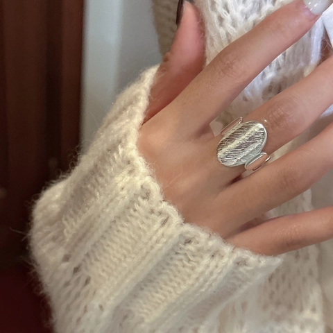 925 Sterling Silver Open Adjustable Ring for Women Retro Brushed Texture Oval Irregular Hollow Wavy Design Jewelry