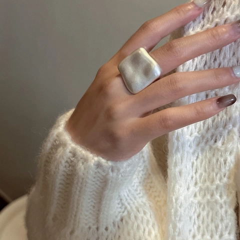 S925 Sterling Silver Irregular Square Ring Minimalist Matte Frosted Adjustable Open Finger Ring Vintage Jewelry For Women