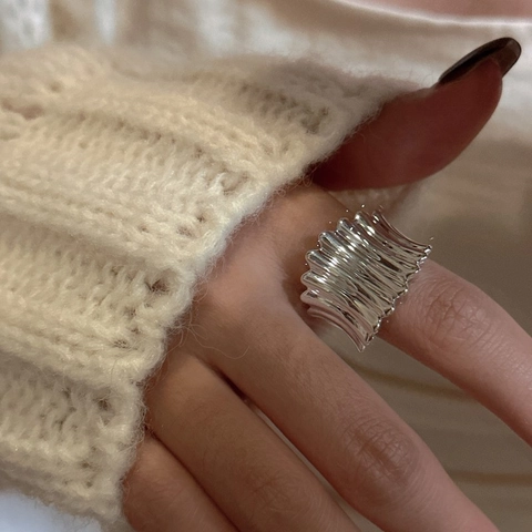 Retro 925 Sterling Silver Irregular Curved Texture Open Ring For Women Minimalist Fashion Geometric Wave Fold Finger Jewelry