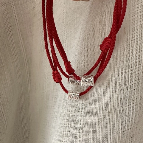 925 Sterling Silver Red String Bracelet For Women Minimalist New Chinese Style Hammered Texture Hammered Bead Adjustable Jewelry