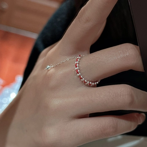 925 Sterling Zilveren Gevlochten Rood Koord Ring Voor Vrouwen Minimalistische Verstelbare Kralen Ring Met Kleine Bel Hanger Sieraden