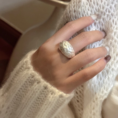 S925 Sterling Silver Braided Woven Texture Open Ring Minimalist Adjustable Wide Band Finger Ring For Women Vintage Fashion Jewelry