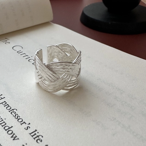 Vintage 925 Sterlingsilber Gewebter Offener Ring Für Damen Trendiger Minimalistischer Matte Unregelmäßiger Geometrischer Verstellbarer Ring
