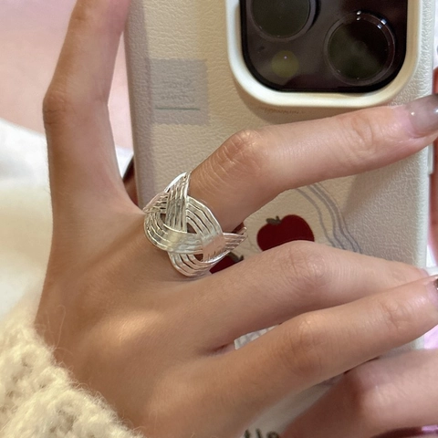 Vintage 925 Sterlingsilber Gewebter Offener Ring Für Damen Trendiger Minimalistischer Matte Unregelmäßiger Geometrischer Verstellbarer Ring