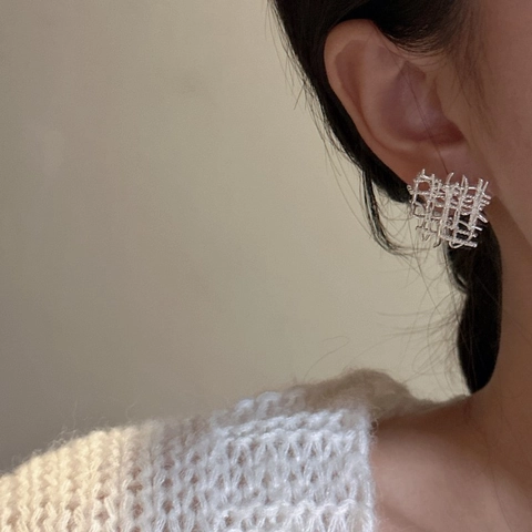S925 Sterlingsilber Gewebte Ohrstecker Nischendesign Unregelmäßige Gitter Ohrringe Geometrischer Minimalistischer Schmuck Damen Geschenk
