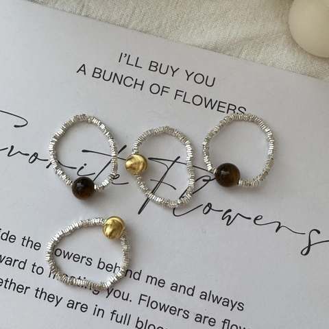 925 Sterlingsilber Perlenring Für Damen Koreanisch Minimalistisch Handgefertigt Tigerauge Goldene Perle Verstellbarer Ring