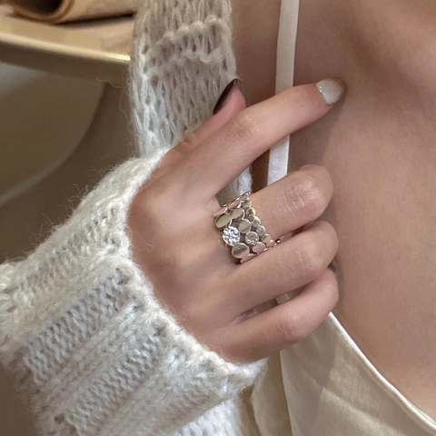 925 Sterling Silver Irregular Disc Stacked Wide Open Ring For Women Rhinestone Embellished Personalized Jewelry