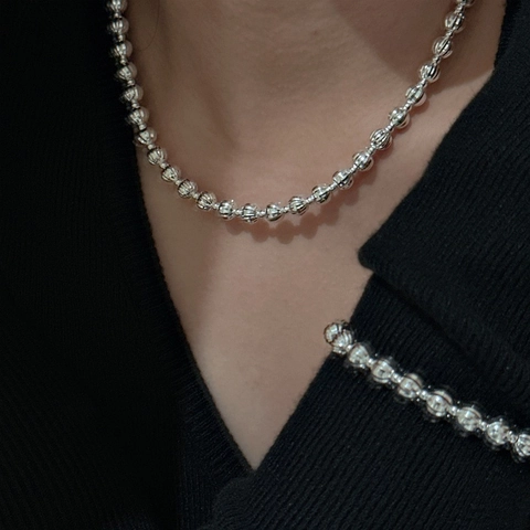 Collana di Perle in Argento Sterling S925 per Donna Choker a Sfera Rotonda Intagliata CNC Minimalista Design di Nicchia