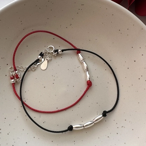 Bracelet Cordon Perles de Riz en Argent Sterling 925 Minimaliste Tissé à la Main Rouge Noir Bracelet Réglable Bijoux de Mode Femmes Cadeau
