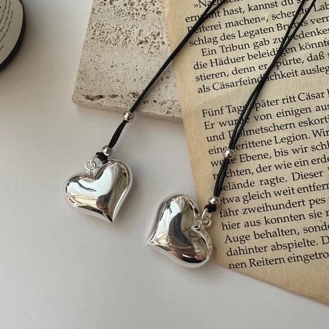 Collana con Pendente a Cuore Minimalista in Argento Sterling 925 per Donna Elegante Ciondolo a Cuore Lucido con Cordino Nero Regolabile