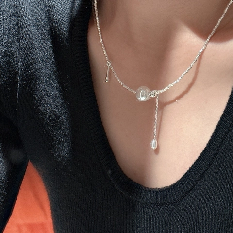 S925 Sterlingsilber Künstliche Perle Quaste Halskette Für Damen Retro Minimalistisch Gebrochen Silber Perle Halskette Schmuck Geschenk