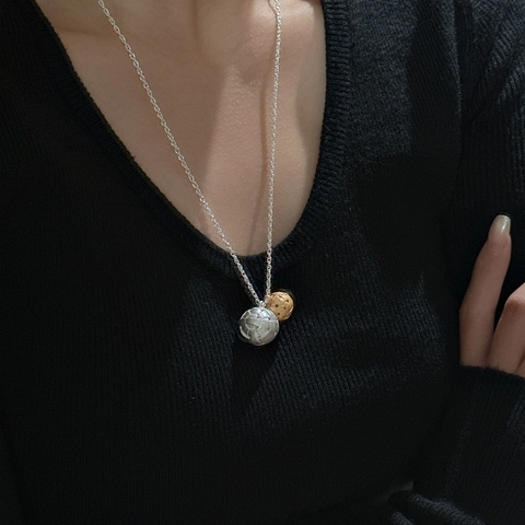 Vintage 925 Sterling Silver Woven Ball Pendant Necklace Gold Silver Contrasting Color Niche Design Long Sweater Chain Jewelry