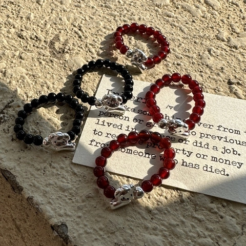 Anello con Perline in Argento Sterling 925 per Donna Simpatico Ciondolo Bassotto Cucciolo Retrò Corda Elastica Anello da Dito Gioielli Nero Rosso