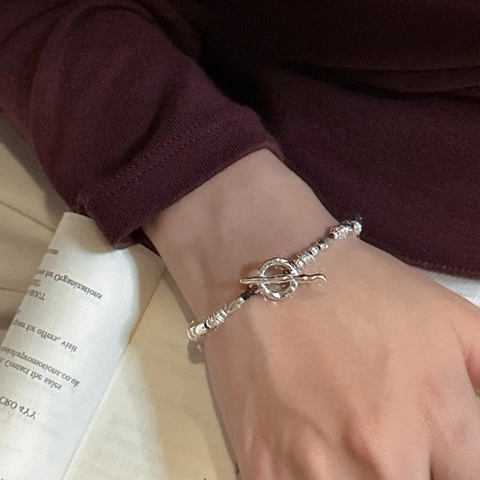 925 Sterlingsilber Perlen Armband Für Damen Minimalistisch Vintage CNC Graviert Toggle Verschluss Schmuck Geschenk