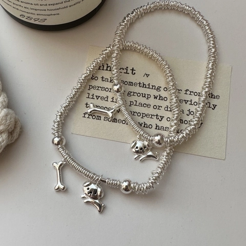 Bracciale con Ciondolo a Forma di Cane e Osso in Argento Sterling 925 per Donna Minimalista Coreano Elastico con Perline Gioielli Regalo