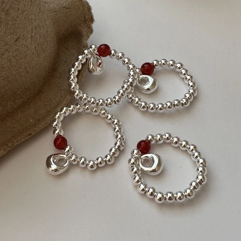 Anello con Perline in Agata Rossa in Argento Sterling S925 per Donna Nuovo Stile Cinese Minimalista Geometrico Regolabile