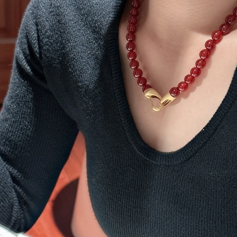 Collana di Perline in Argento Sterling 925 per Donna Minimalista Effetto Agata Rossa Perla Artificiale Design di Nicchia