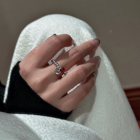 Anello con Perline in Agata Rossa in Argento Sterling S925 per Donna Nuovo Stile Cinese Minimalista Geometrico Regolabile