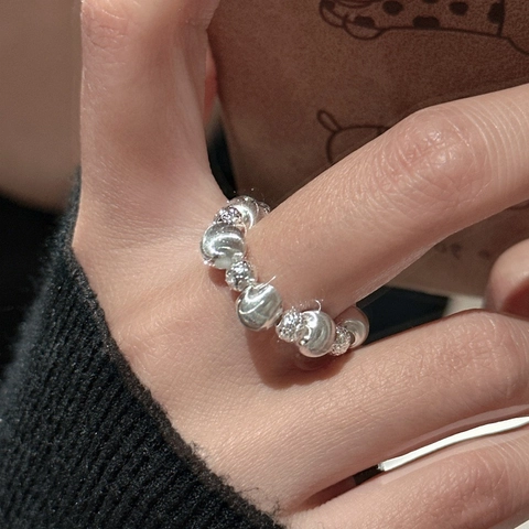 Anillo de Cuentas de Plata de Ley 925 para Mujer Artesanía CNC Anillo Elástico Ajustable Joyería de Dedo Minimalista Cuenta de Ojo de Gato
