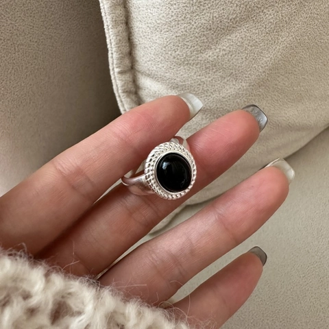 Retro 925 Sterlingsilber Schwarz Onyx Ring Für Damen Vintage Mattiert Oval Geometrisch Verstellbar Offen Fingerring Schmuck