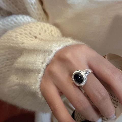 Retro 925 Sterlingsilber Schwarz Onyx Ring Für Damen Vintage Mattiert Oval Geometrisch Verstellbar Offen Fingerring Schmuck