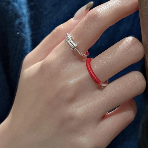 S925 Sterling Zilver Rood Touw Weven Verstelbare Ring Voor Vrouwen Nationale Trend Geluk Push Pull Vingering Sieraden Cadeau