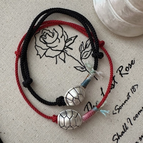 Vintage 925 Sterling Silver Tortoise Shell Hand Woven Red Black String Bracelet For Women Ethnic Style Adjustable Jewelry