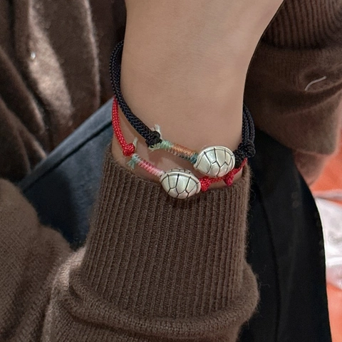 Vintage 925 Sterling Silver Tortoise Shell Hand Woven Red Black String Bracelet For Women Ethnic Style Adjustable Jewelry