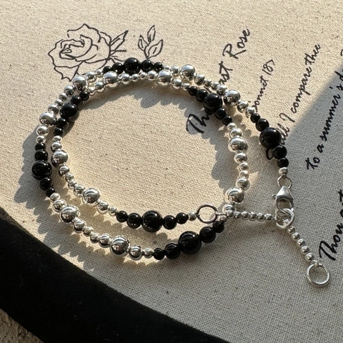 S925 Sterling Silver Black Agate Beaded Necklace Minimalist Gradient Round Bead Clavicle Chain For Women Fashion Jewelry