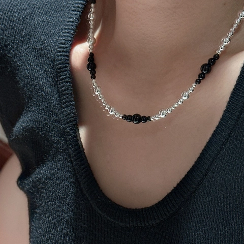 S925 Sterling Silver Black Agate Beaded Necklace Minimalist Gradient Round Bead Clavicle Chain For Women Fashion Jewelry