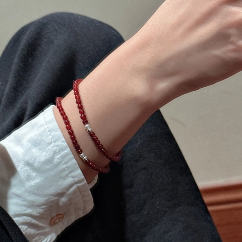 Pulsera de Plata de Ley 925 con Ágata Roja para Mujer Estilo Coreano Diseño de Nicho en Capas con Cuentas Redondas y Perla Artificial Accesorio de Joyería