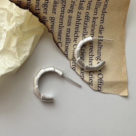 Orecchini a Cerchio a Forma di C in Argento Sterling 925 Con Trama di Bambù per Donna Minimalista Vintage Opaco Argento Gioielli