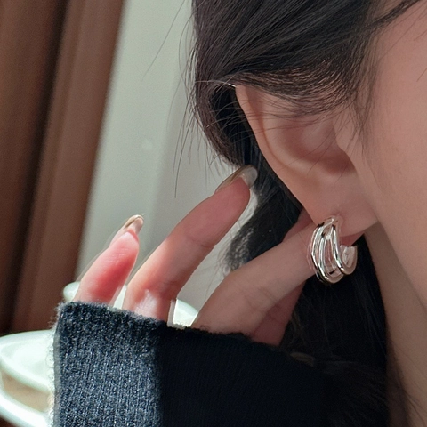 Orecchini in Argento Sterling S925 a Triplo Strato a Forma di C Minimalisti Geometrici a Più File per Donna Gioielli di Personalità