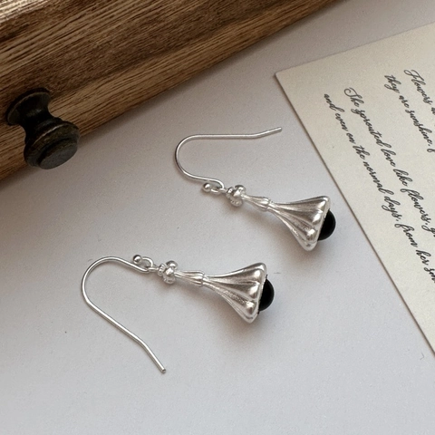 Vintage 925 Sterling Silver Black Agate Bell Earrings For Women Minimalist Matte Inlaid Dangle Drop Hook Earrings Jewelry