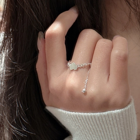 Anello a Catena con Cuore Smerigliato in Argento Sterling 925 per Donna Minimalista Regolabile Stile Coreano Dolce Gioielli Anello