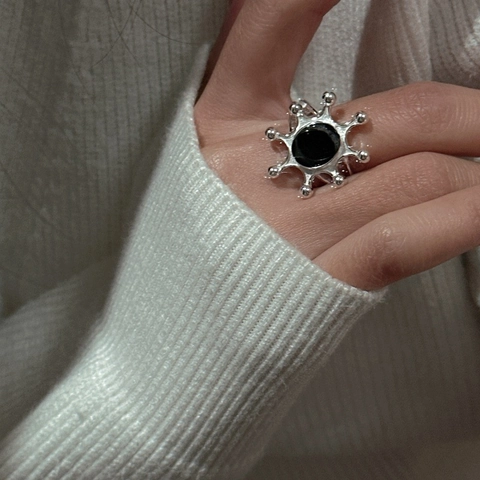 Anillo Abierto Irregular de Plata de Ley S925 con Resplandor Solar para Mujer Ágata Negra Minimalista Retro Joyería Ajustable