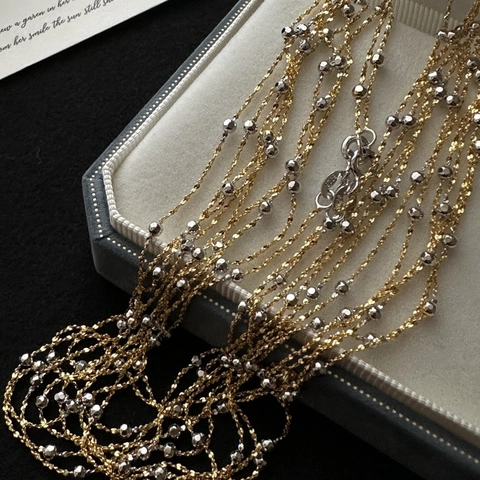 Collana a Doppio Strato in Argento Sterling 925 con Perline Flash Intagliate per Donna Gioielli con Catena a Clavicola Minimalista di Lusso